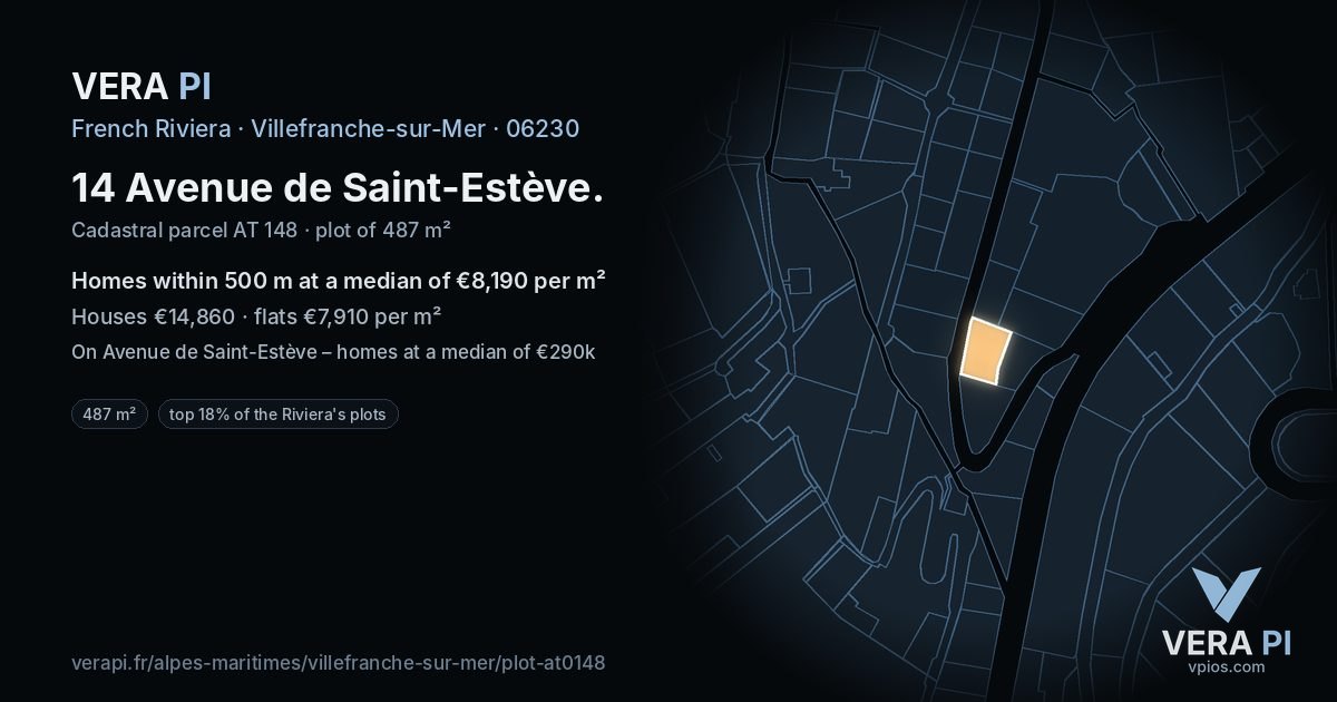 14 Avenue de Saint-Estève, Villefranche-sur-Mer at night – the plot lit, the parcels around coloured by the prices near them