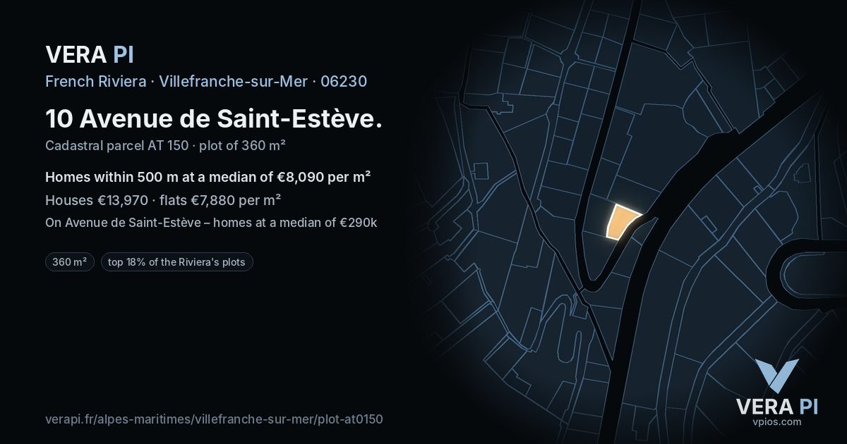 10 Avenue de Saint-Estève, Villefranche-sur-Mer at night – the plot lit, the parcels around coloured by the prices near them