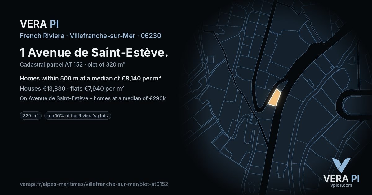 1 Avenue de Saint-Estève, Villefranche-sur-Mer at night – the plot lit, the parcels around coloured by the prices near them