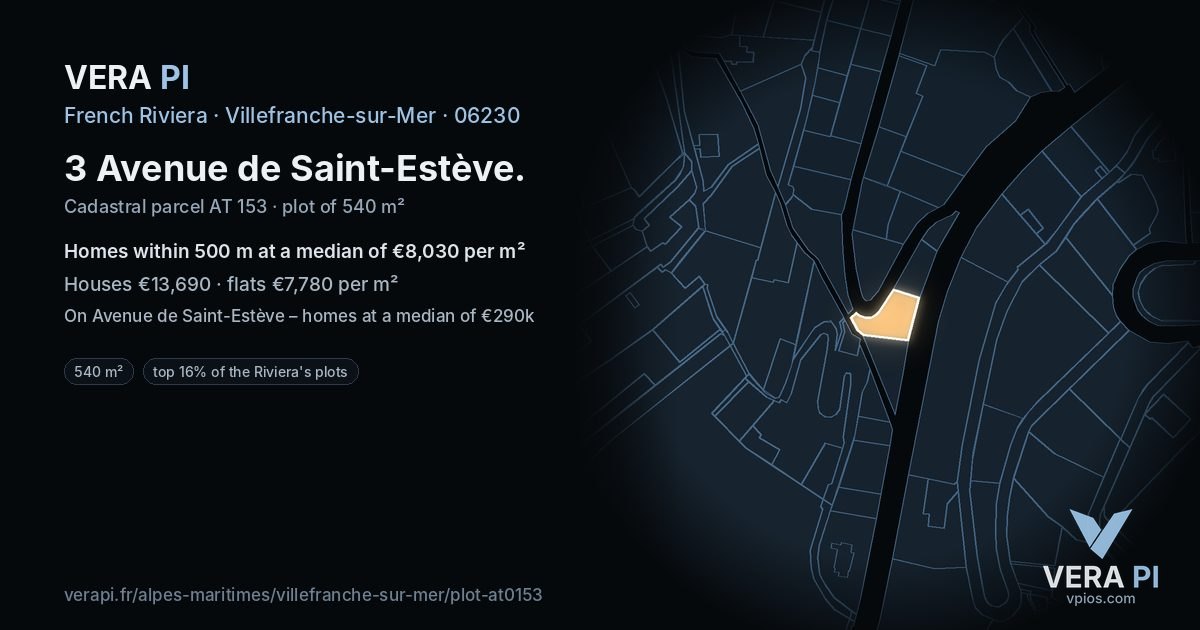 3 Avenue de Saint-Estève, Villefranche-sur-Mer at night – the plot lit, the parcels around coloured by the prices near them