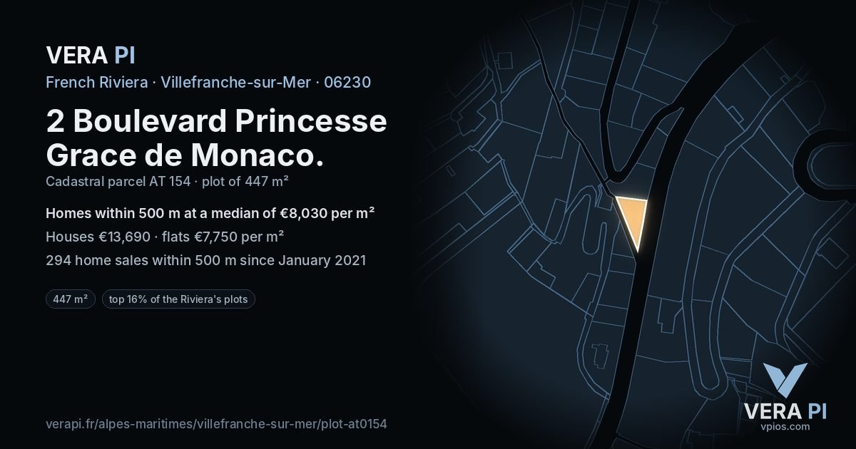 2 Boulevard Princesse Grace de Monaco, Villefranche-sur-Mer at night – the plot lit, the parcels around coloured by the prices near them