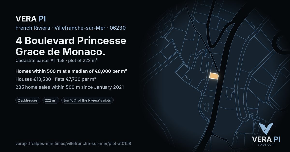 4 Boulevard Princesse Grace de Monaco, Villefranche-sur-Mer at night – the plot lit, the parcels around coloured by the prices near them