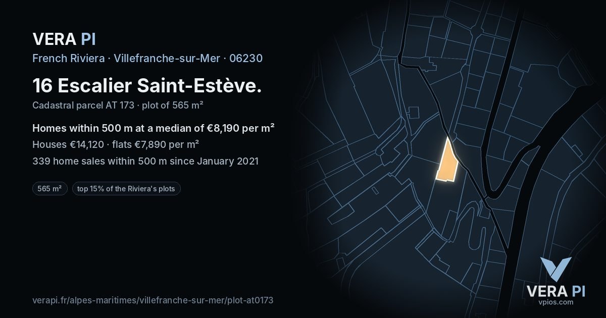 16 Escalier Saint-Estève, Villefranche-sur-Mer at night – the plot lit, the parcels around coloured by the prices near them