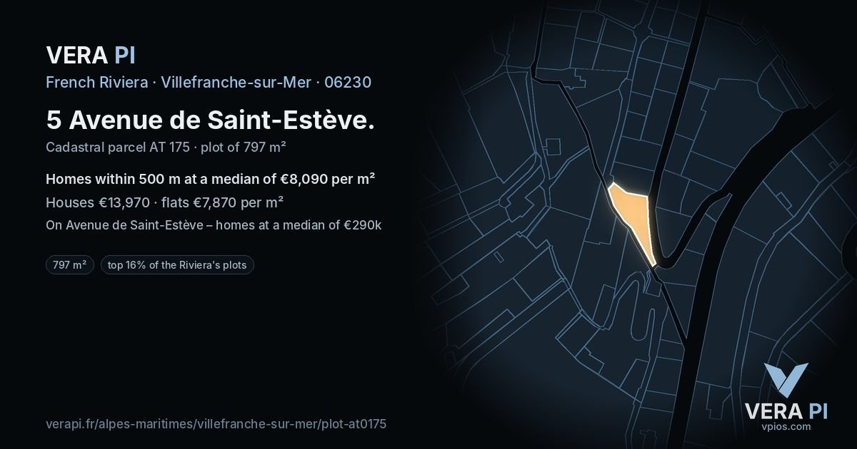 5 Avenue de Saint-Estève, Villefranche-sur-Mer at night – the plot lit, the parcels around coloured by the prices near them