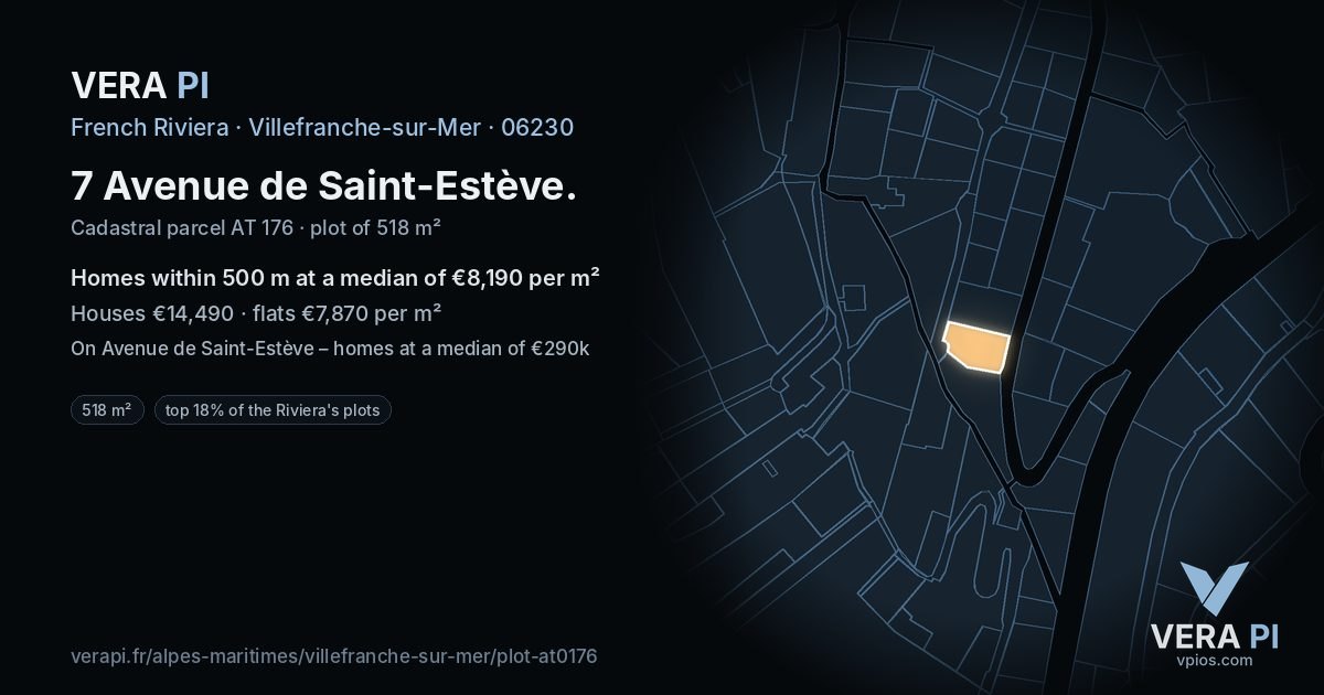 7 Avenue de Saint-Estève, Villefranche-sur-Mer at night – the plot lit, the parcels around coloured by the prices near them