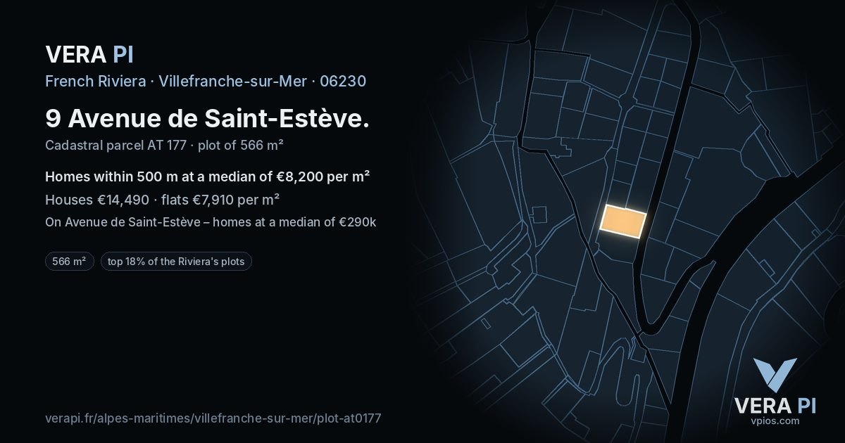 9 Avenue de Saint-Estève, Villefranche-sur-Mer at night – the plot lit, the parcels around coloured by the prices near them