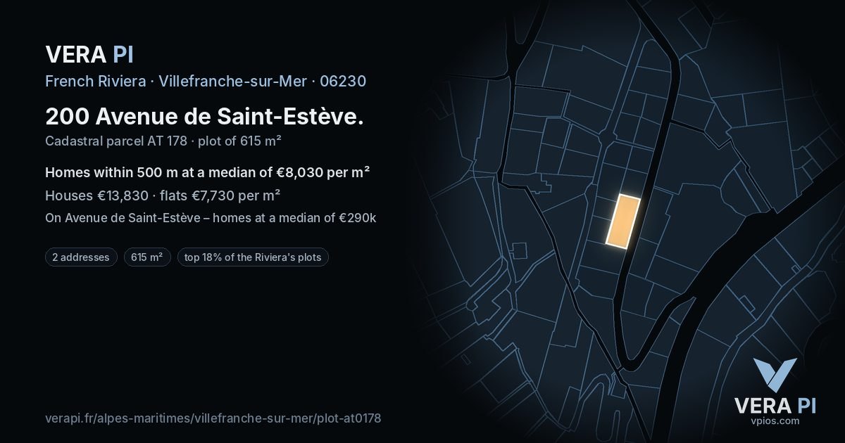 200 Avenue de Saint-Estève, Villefranche-sur-Mer at night – the plot lit, the parcels around coloured by the prices near them