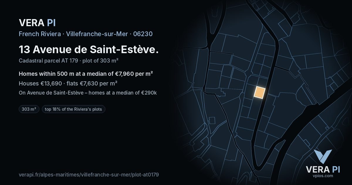 13 Avenue de Saint-Estève, Villefranche-sur-Mer at night – the plot lit, the parcels around coloured by the prices near them