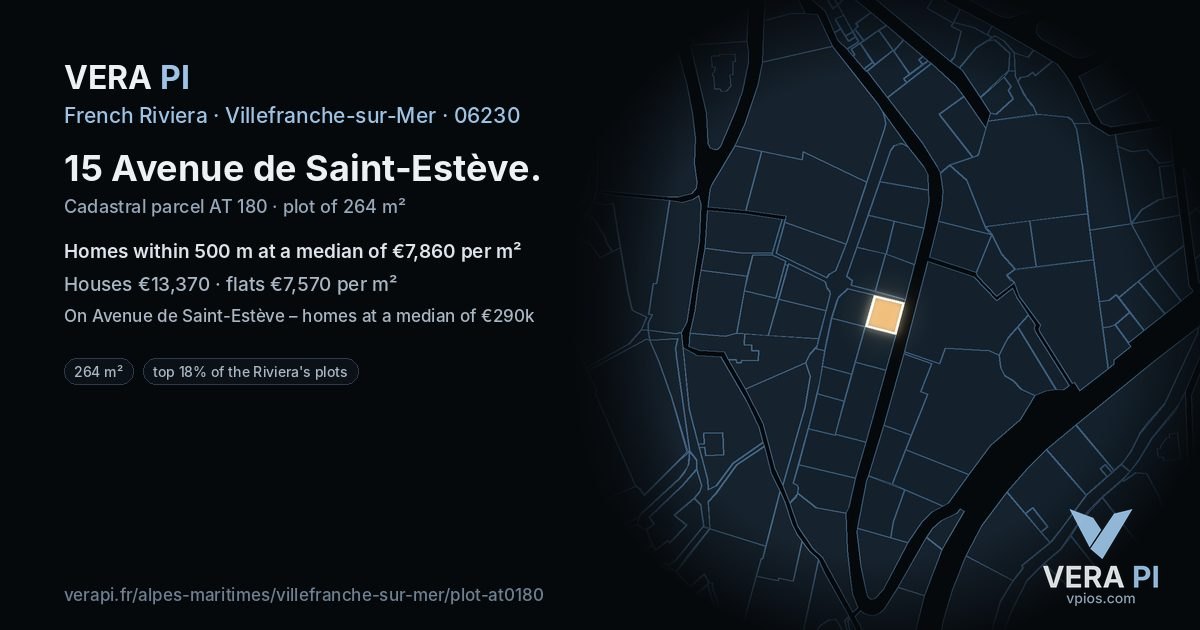 15 Avenue de Saint-Estève, Villefranche-sur-Mer at night – the plot lit, the parcels around coloured by the prices near them