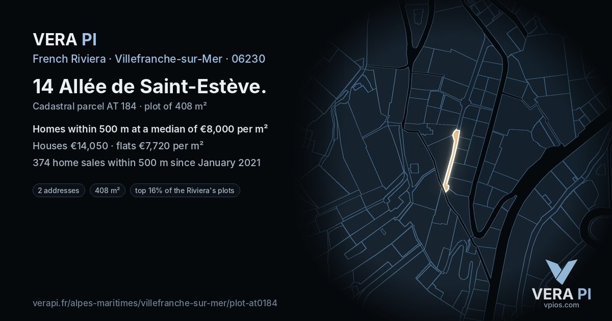 14 Allée de Saint-Estève, Villefranche-sur-Mer at night – the plot lit, the parcels around coloured by the prices near them
