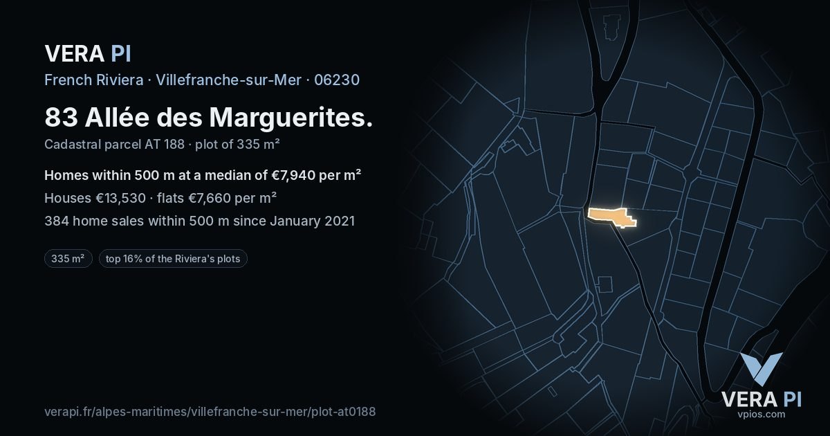 83 Allée des Marguerites, Villefranche-sur-Mer at night – the plot lit, the parcels around coloured by the prices near them