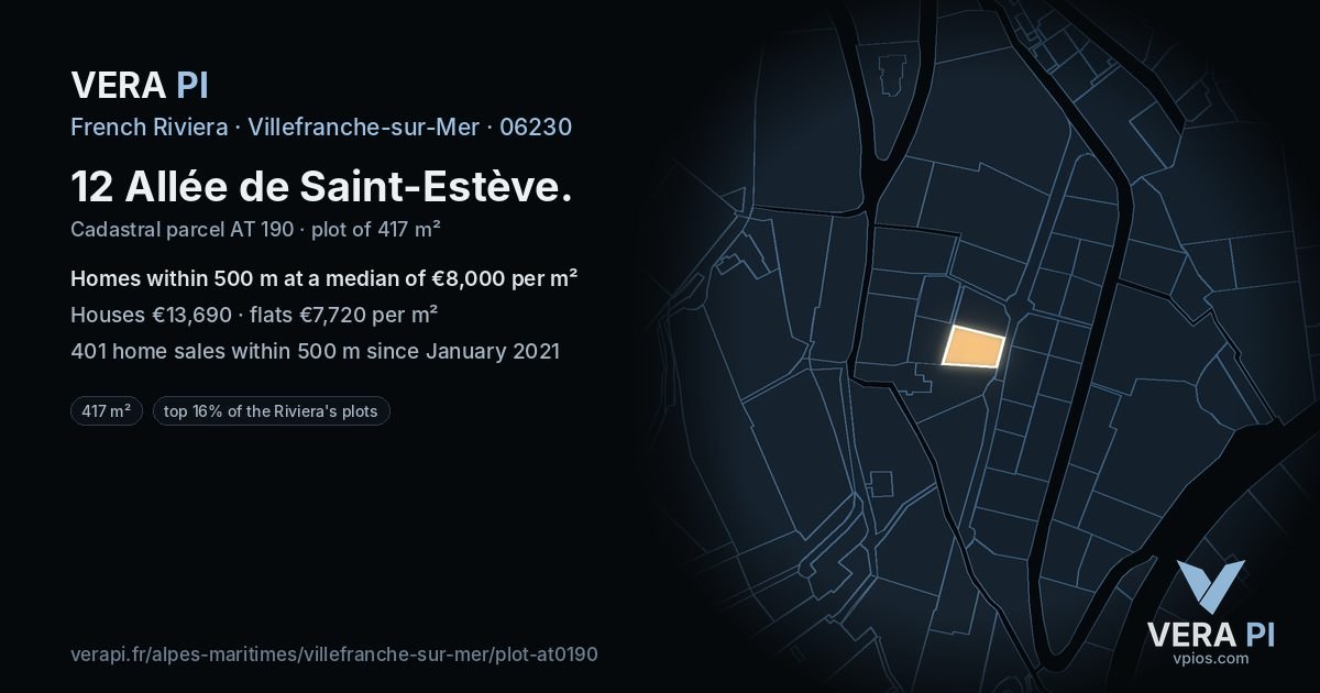 12 Allée de Saint-Estève, Villefranche-sur-Mer at night – the plot lit, the parcels around coloured by the prices near them