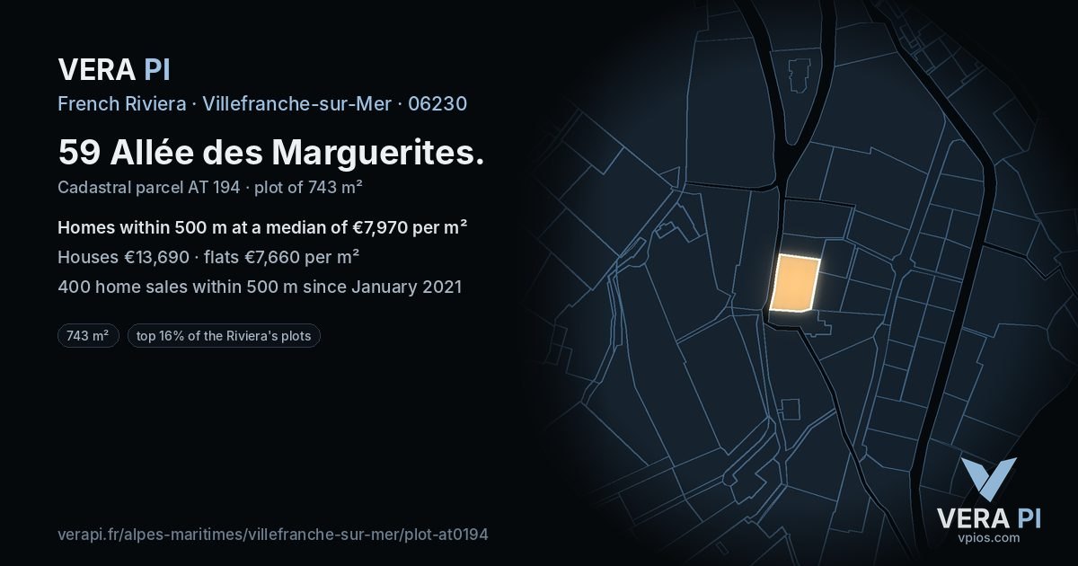 59 Allée des Marguerites, Villefranche-sur-Mer at night – the plot lit, the parcels around coloured by the prices near them