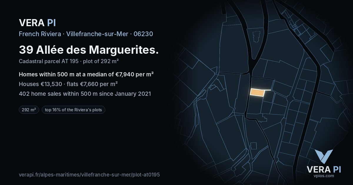 39 Allée des Marguerites, Villefranche-sur-Mer at night – the plot lit, the parcels around coloured by the prices near them