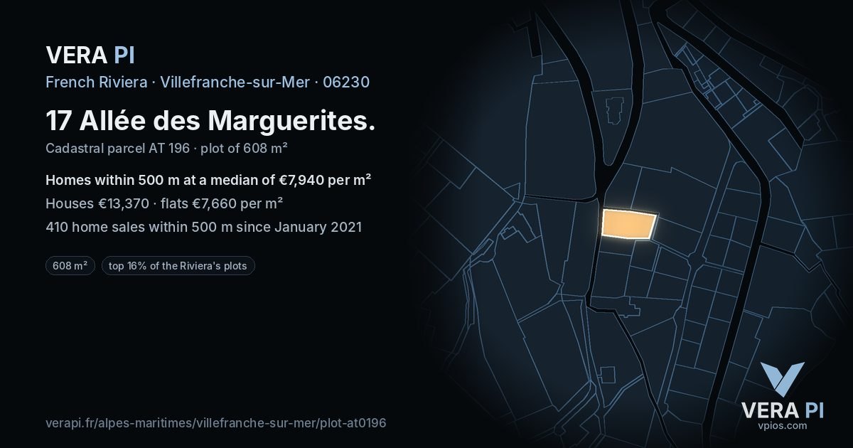 17 Allée des Marguerites, Villefranche-sur-Mer at night – the plot lit, the parcels around coloured by the prices near them