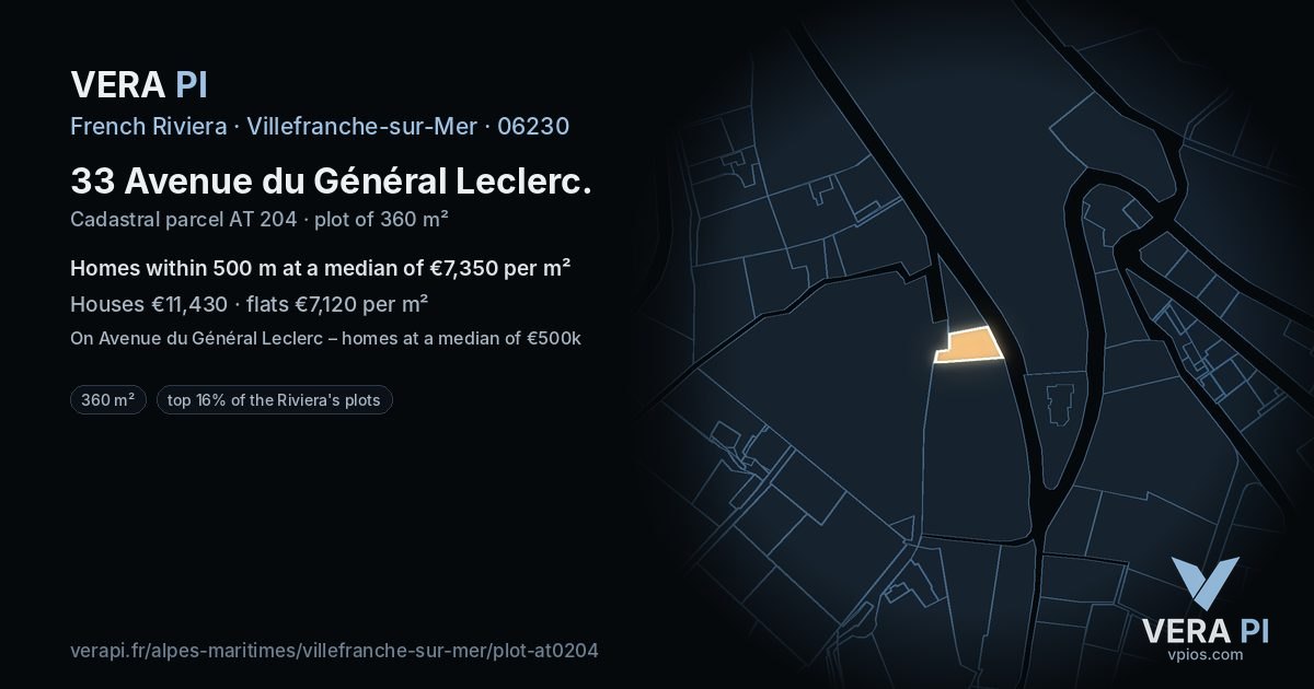 33 Avenue du Général Leclerc, Villefranche-sur-Mer at night – the plot lit, the parcels around coloured by the prices near them