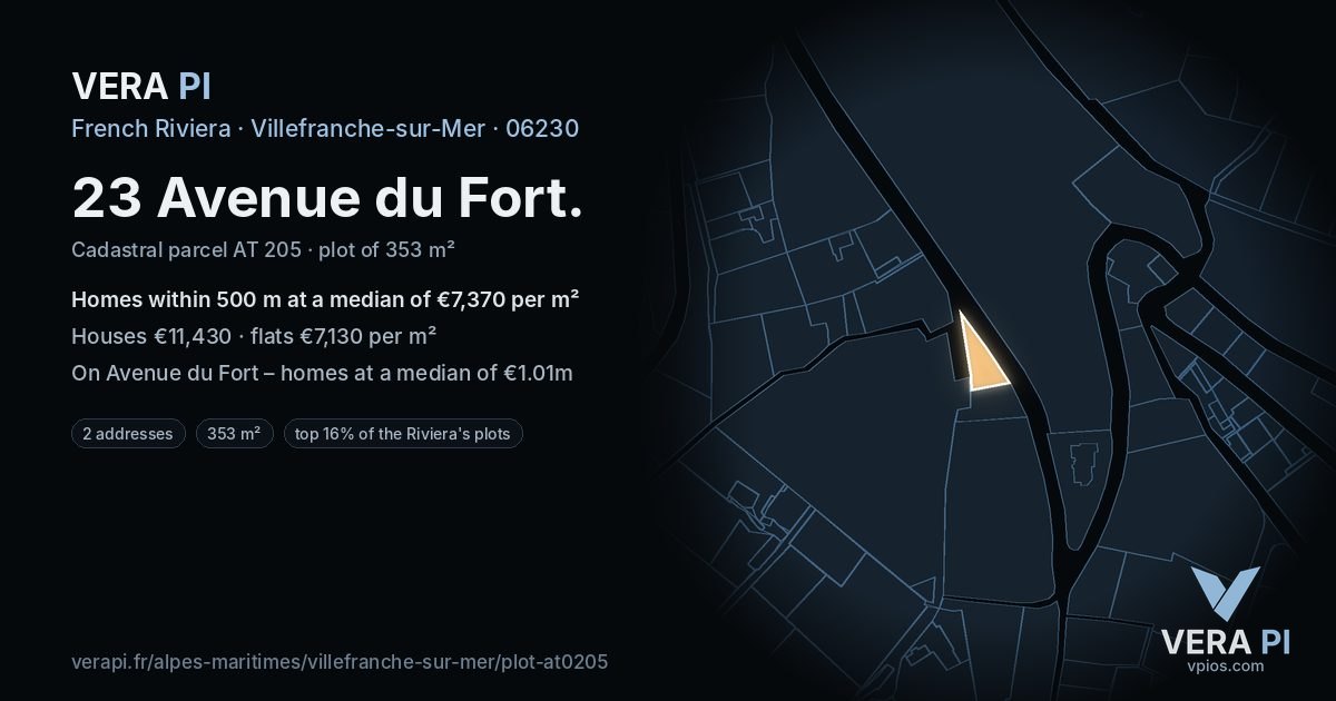 23 Avenue du Fort, Villefranche-sur-Mer at night – the plot lit, the parcels around coloured by the prices near them