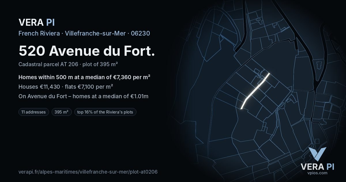 520 Avenue du Fort, Villefranche-sur-Mer at night – the plot lit, the parcels around coloured by the prices near them