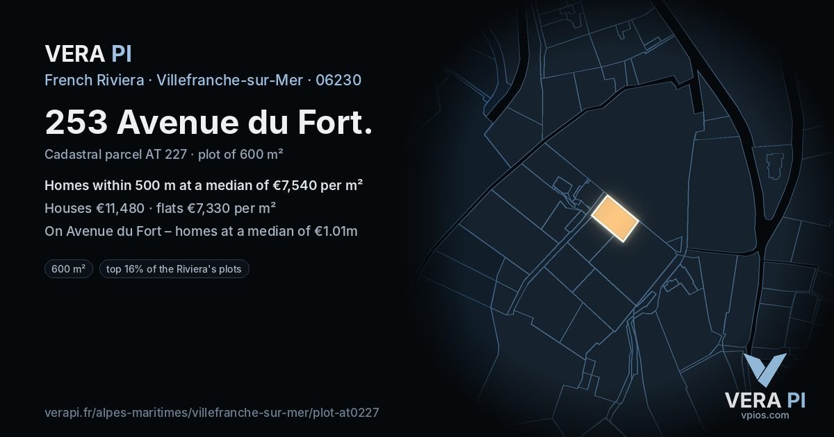 253 Avenue du Fort, Villefranche-sur-Mer at night – the plot lit, the parcels around coloured by the prices near them