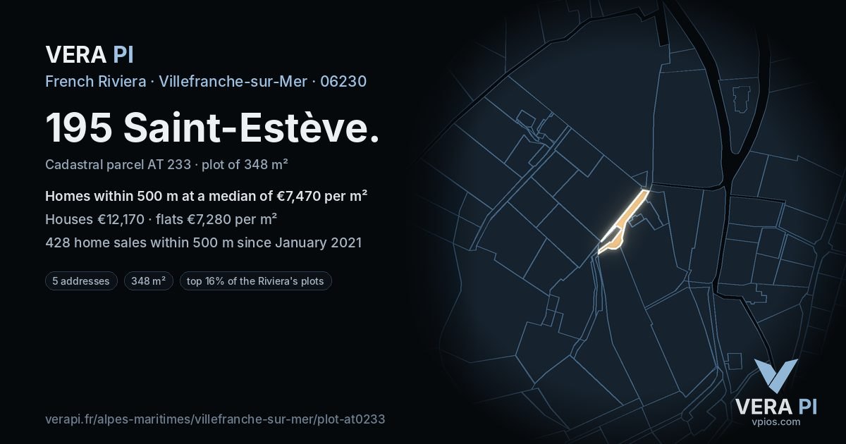 195 Saint-Estève, Villefranche-sur-Mer at night – the plot lit, the parcels around coloured by the prices near them
