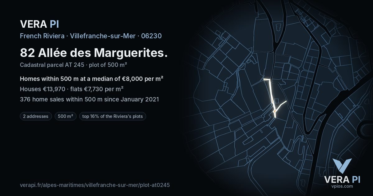 82 Allée des Marguerites, Villefranche-sur-Mer at night – the plot lit, the parcels around coloured by the prices near them