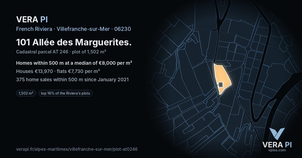101 Allée des Marguerites, Villefranche-sur-Mer at night – the plot lit, the parcels around coloured by the prices near them
