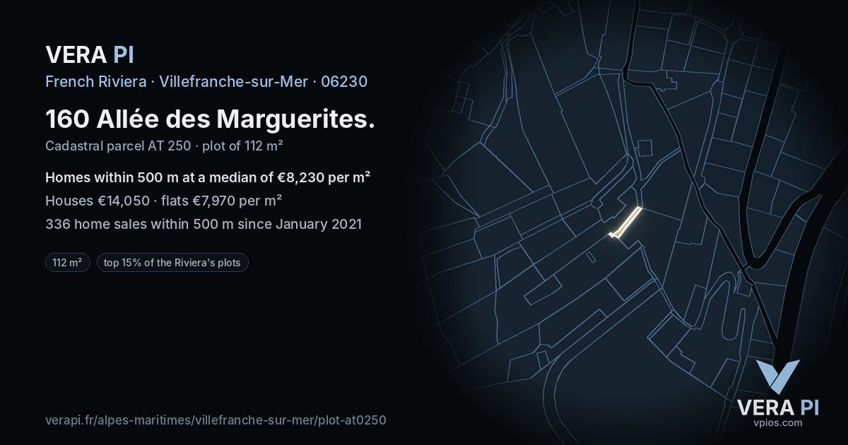 160 Allée des Marguerites, Villefranche-sur-Mer at night – the plot lit, the parcels around coloured by the prices near them