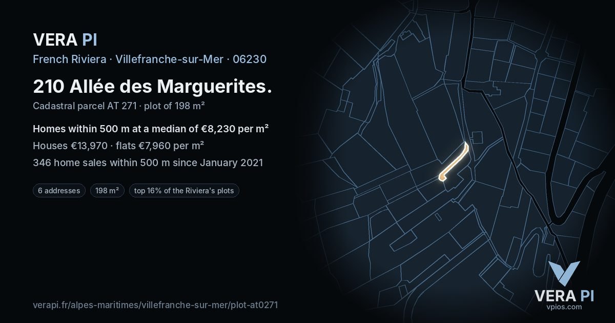 210 Allée des Marguerites, Villefranche-sur-Mer at night – the plot lit, the parcels around coloured by the prices near them