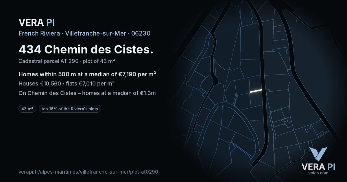 434 Chemin des Cistes, Villefranche-sur-Mer at night – the plot lit, the parcels around coloured by the prices near them