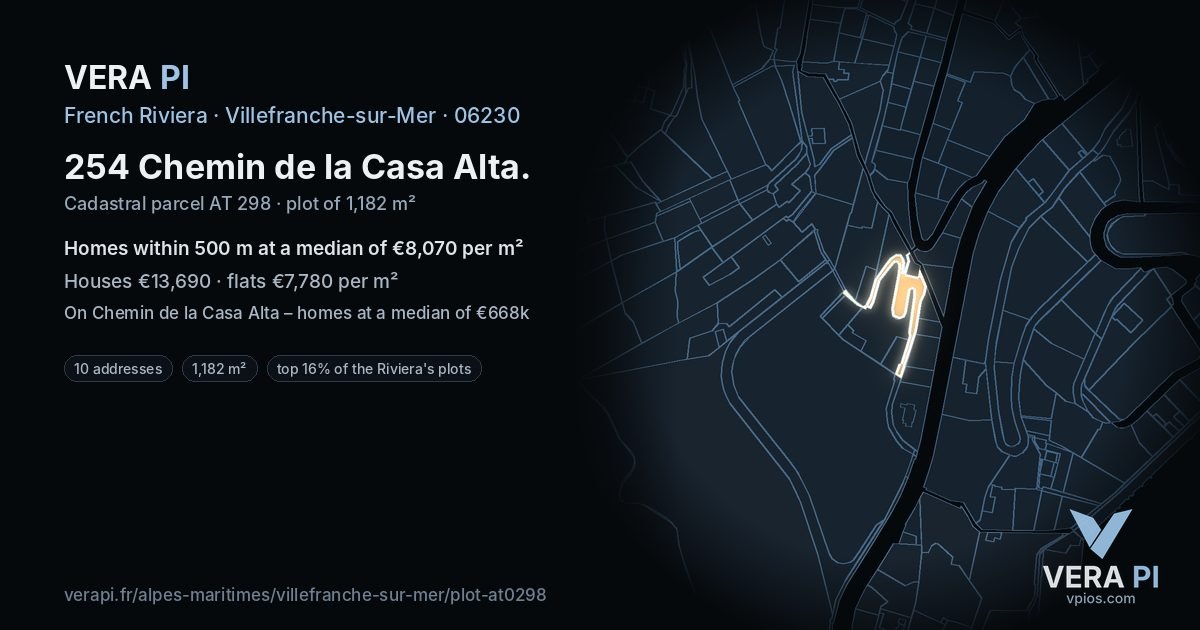 254 Chemin de la Casa Alta, Villefranche-sur-Mer at night – the plot lit, the parcels around coloured by the prices near them
