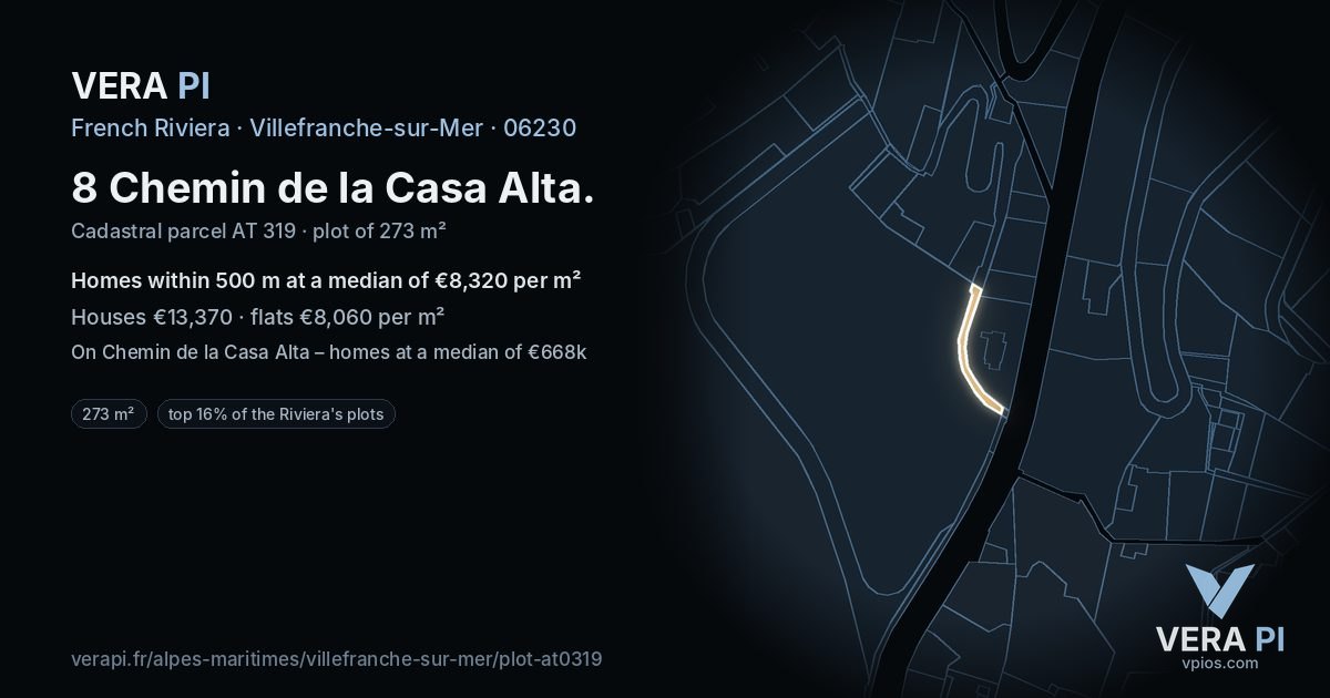 8 Chemin de la Casa Alta, Villefranche-sur-Mer at night – the plot lit, the parcels around coloured by the prices near them