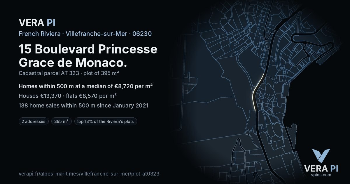 15 Boulevard Princesse Grace de Monaco, Villefranche-sur-Mer at night – the plot lit, the parcels around coloured by the prices near them
