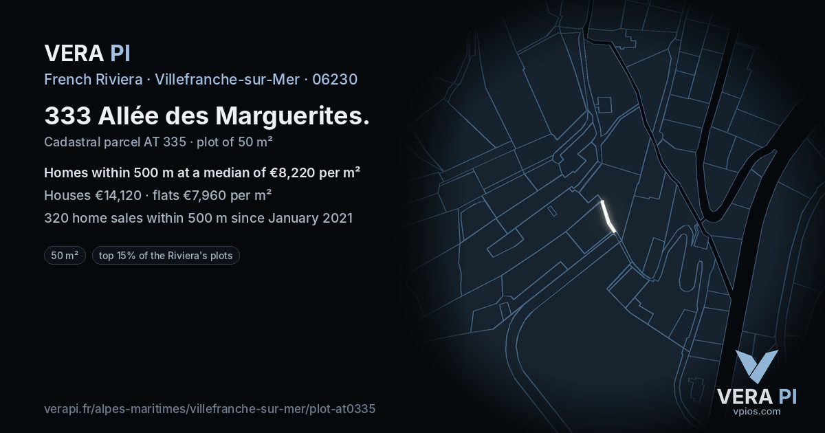 333 Allée des Marguerites, Villefranche-sur-Mer at night – the plot lit, the parcels around coloured by the prices near them