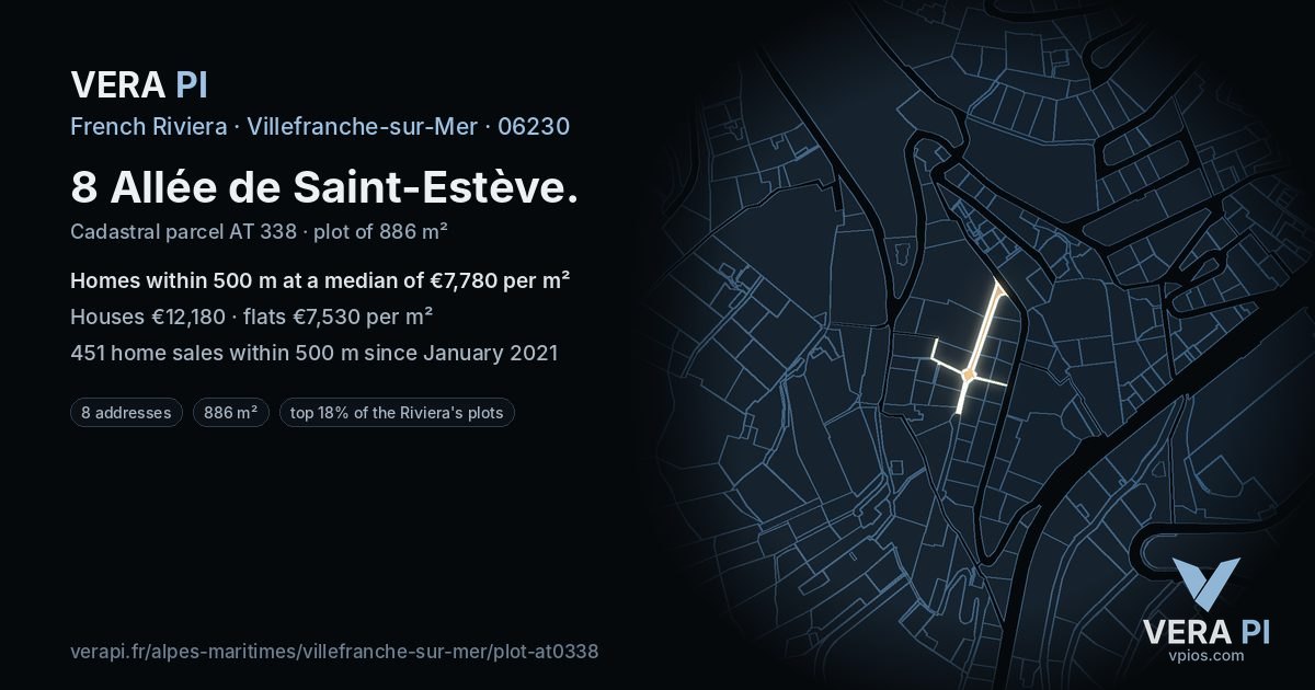 8 Allée de Saint-Estève, Villefranche-sur-Mer at night – the plot lit, the parcels around coloured by the prices near them