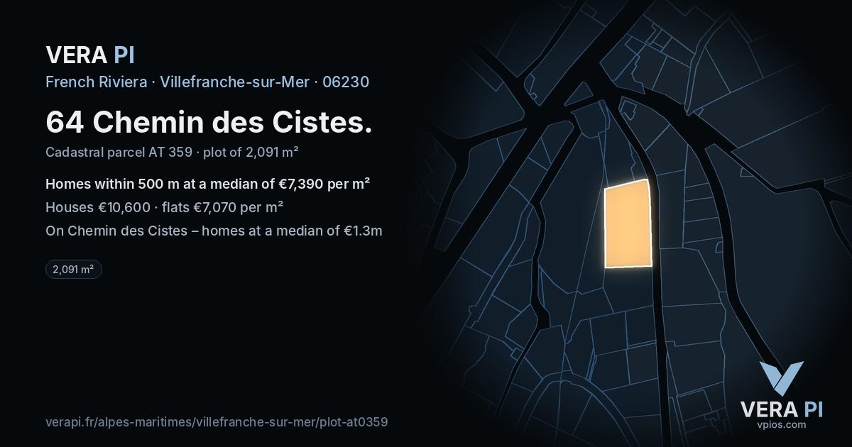 64 Chemin des Cistes, Villefranche-sur-Mer at night – the plot lit, the parcels around coloured by the prices near them