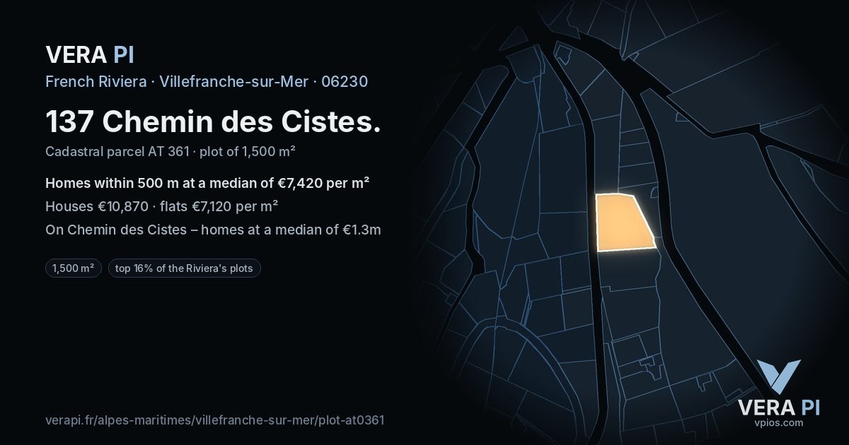 137 Chemin des Cistes, Villefranche-sur-Mer at night – the plot lit, the parcels around coloured by the prices near them