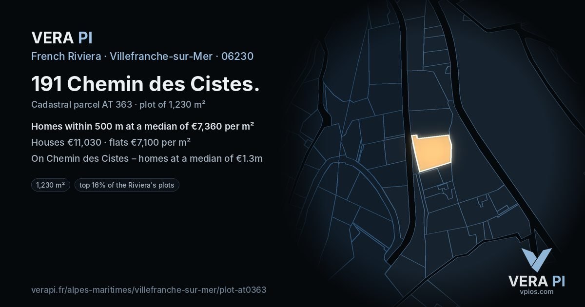 191 Chemin des Cistes, Villefranche-sur-Mer at night – the plot lit, the parcels around coloured by the prices near them