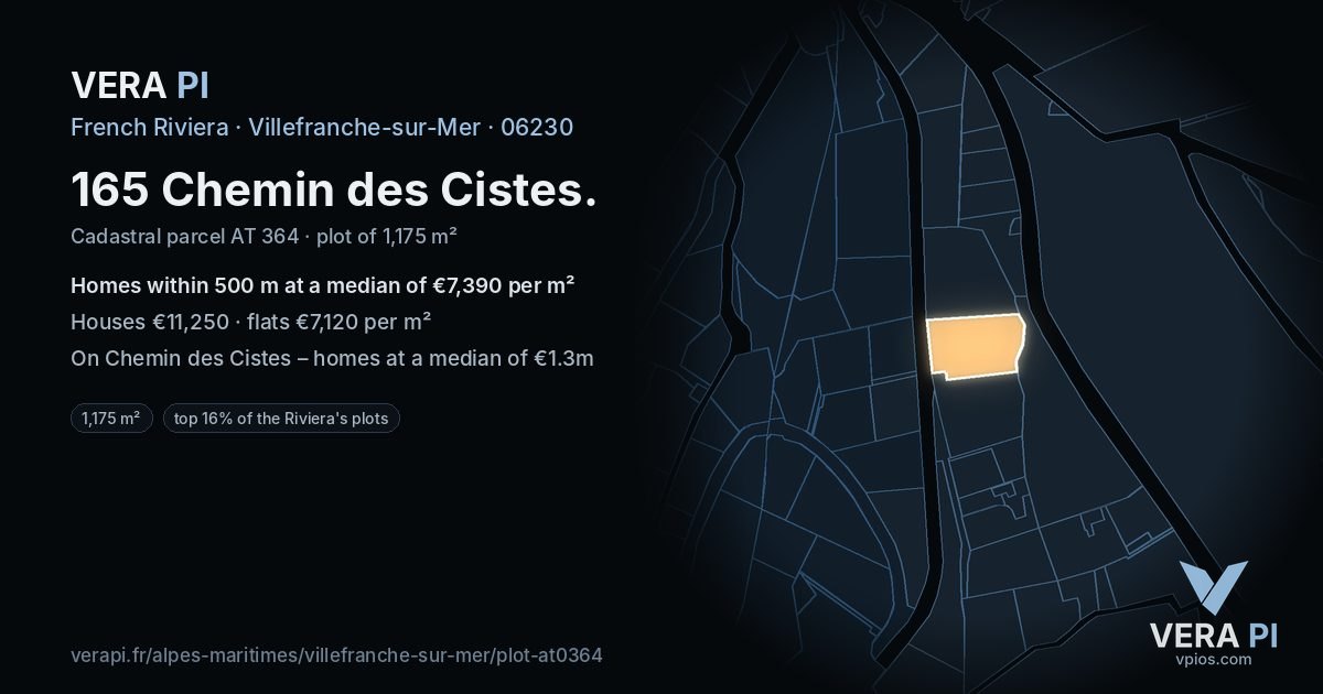 165 Chemin des Cistes, Villefranche-sur-Mer at night – the plot lit, the parcels around coloured by the prices near them