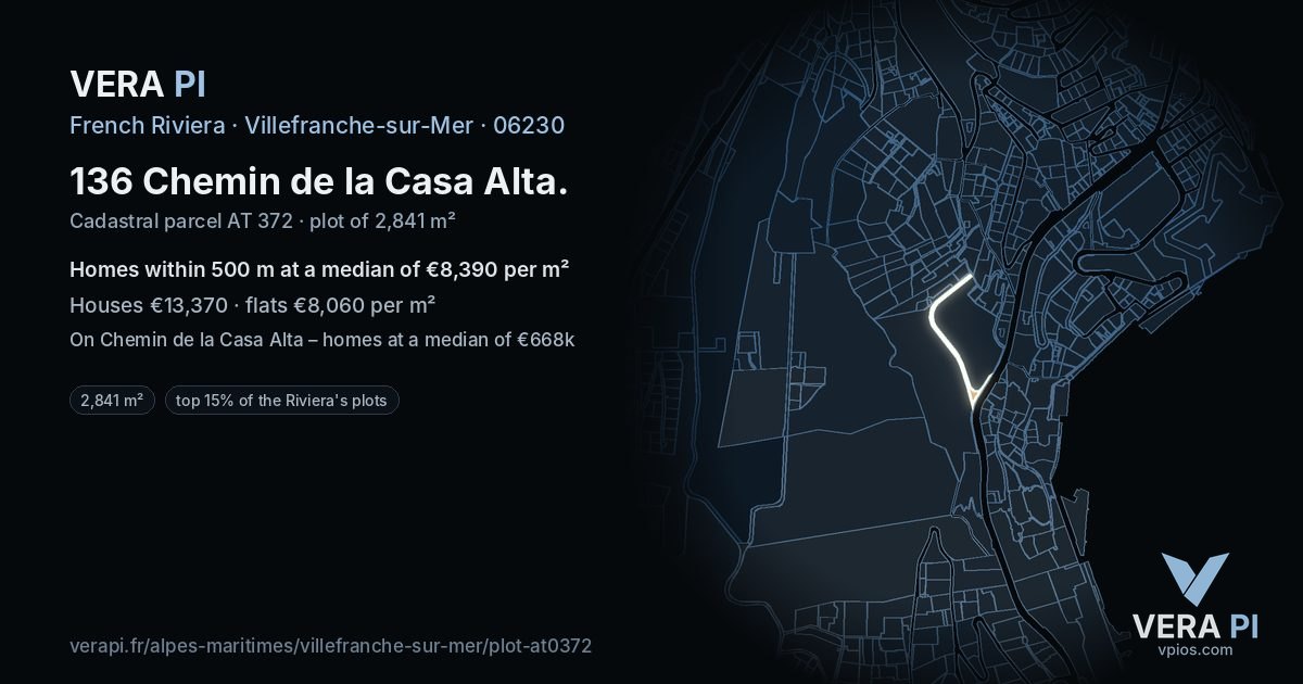 136 Chemin de la Casa Alta, Villefranche-sur-Mer at night – the plot lit, the parcels around coloured by the prices near them