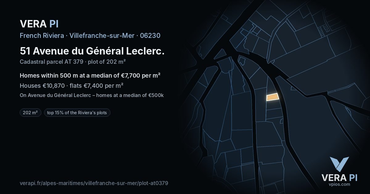 51 Avenue du Général Leclerc, Villefranche-sur-Mer at night – the plot lit, the parcels around coloured by the prices near them