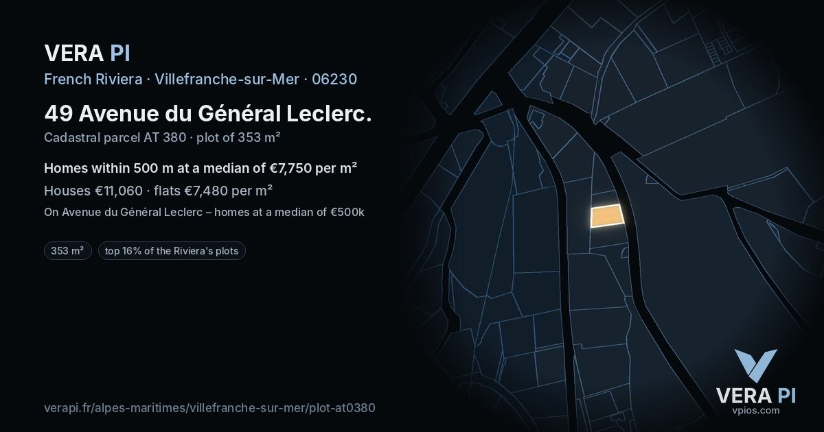 49 Avenue du Général Leclerc, Villefranche-sur-Mer at night – the plot lit, the parcels around coloured by the prices near them