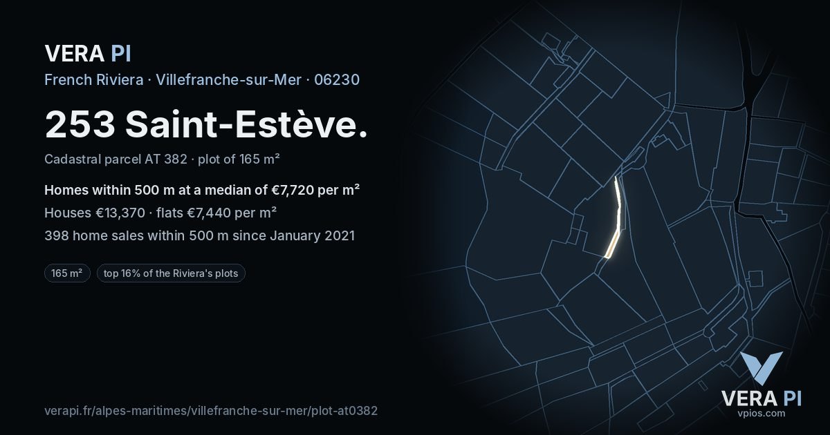 253 Saint-Estève, Villefranche-sur-Mer at night – the plot lit, the parcels around coloured by the prices near them