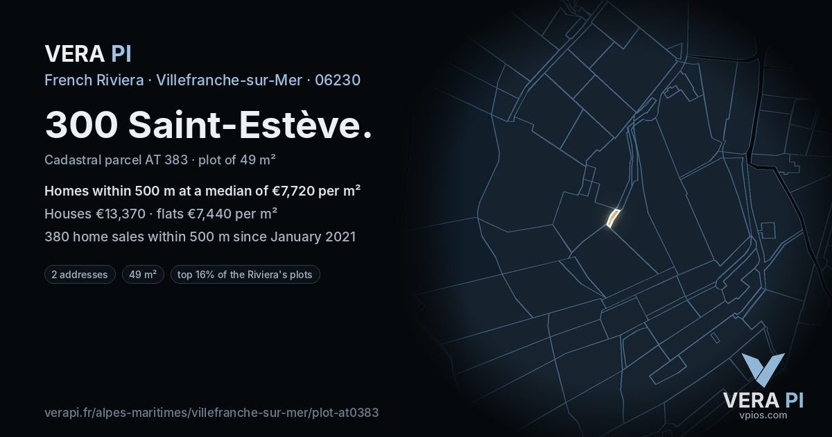 300 Saint-Estève, Villefranche-sur-Mer at night – the plot lit, the parcels around coloured by the prices near them