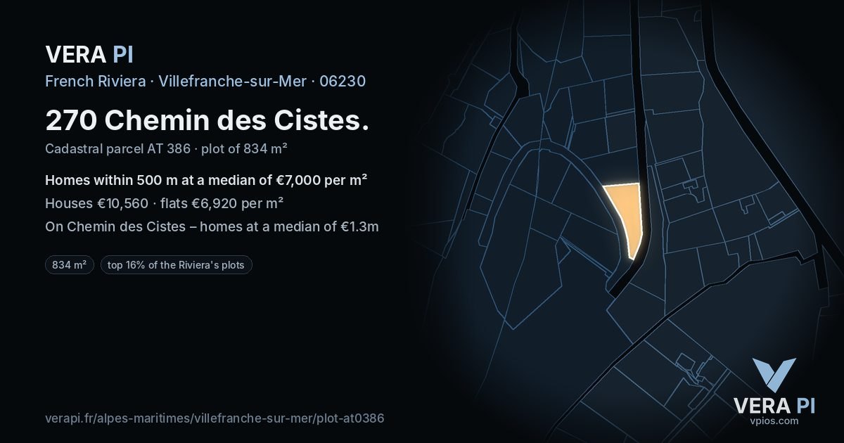 270 Chemin des Cistes, Villefranche-sur-Mer at night – the plot lit, the parcels around coloured by the prices near them