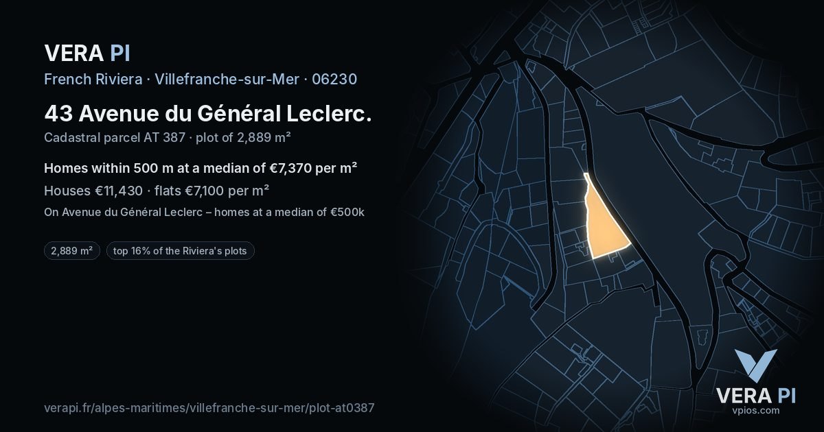 43 Avenue du Général Leclerc, Villefranche-sur-Mer at night – the plot lit, the parcels around coloured by the prices near them