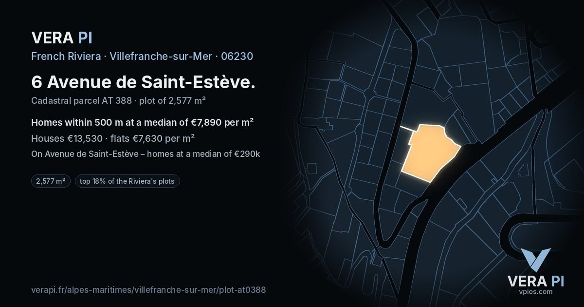 6 Avenue de Saint-Estève, Villefranche-sur-Mer at night – the plot lit, the parcels around coloured by the prices near them