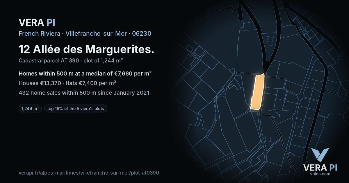 12 Allée des Marguerites, Villefranche-sur-Mer at night – the plot lit, the parcels around coloured by the prices near them