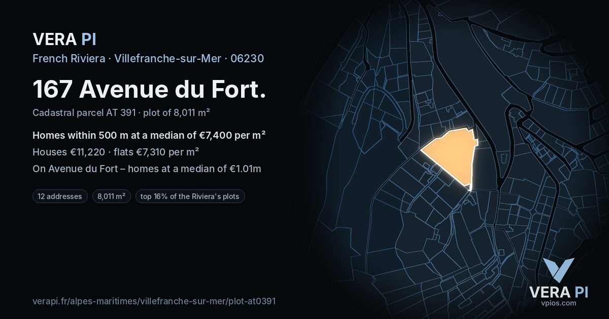 167 Avenue du Fort, Villefranche-sur-Mer at night – the plot lit, the parcels around coloured by the prices near them