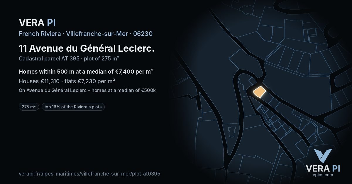 11 Avenue du Général Leclerc, Villefranche-sur-Mer at night – the plot lit, the parcels around coloured by the prices near them