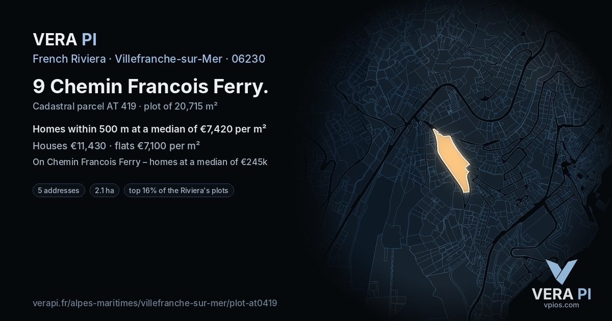 9 Chemin Francois Ferry, Villefranche-sur-Mer at night – the plot lit, the parcels around coloured by the prices near them
